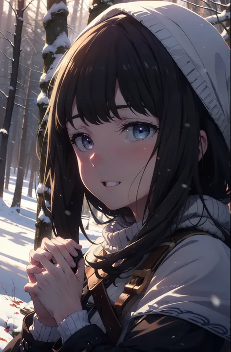 Takiuchi, Inoue Check, Long Hair, bangs, Black Hair, (Purple eyes:1.2),smile,
Open your mouth,snow,Bonfire, Outdoor, boots, snowing, From the side, wood, suitcase, Cape, Blurred, forest,  nature, Squat,  Cape, winter, Written boundary depth, Black shoes, b...