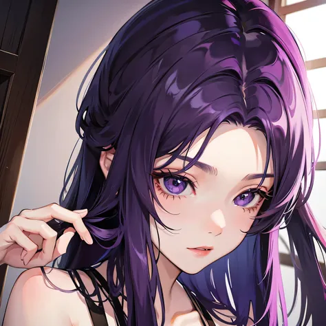 Purple haired woman with black eyes, arranging hair, while staring straight ahead