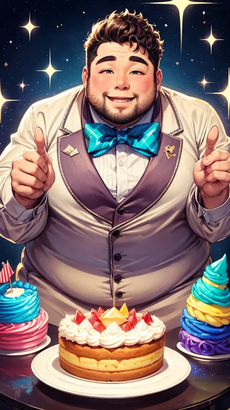 male, Very fat, Smiling with teeth showing, party, Eat cake, Sparkle Effect, Illustration, Natural curls, A bow tie, fat, very fat, 