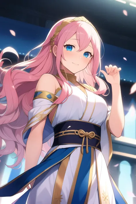 ((best quality)), ((masterpiece)), (detailed), azura, pink hair, blue eyes, white sash, dancer, long hair, wavy hair, chiton, female, tundra, sashes, olivia fire emblem, toga