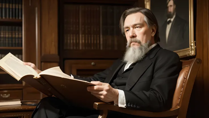 painting, Middle-aged Friedrich Engels reading a book, 8K resolution, Spectacular images.