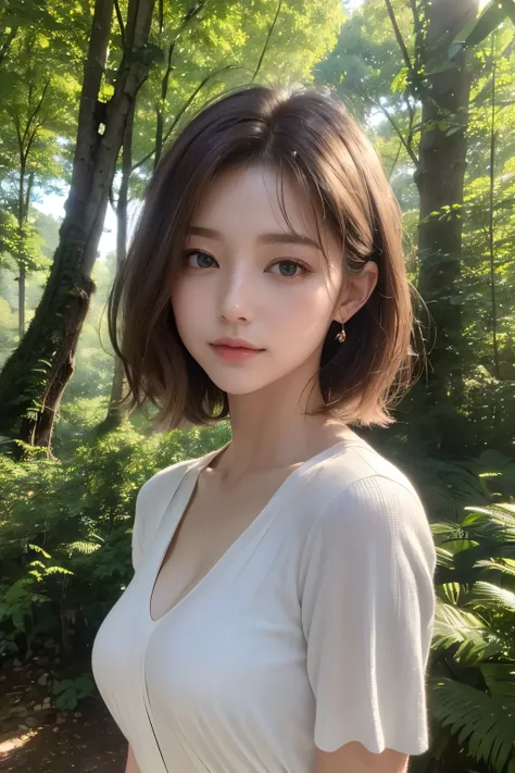 Ultra-high resolution、(masterpiece:1.3), (8k, Best image quality: 1.4)、 (Real:1.4)、One beautiful woman、Beautifully detailed eyes and skin、Micro Smile、Light brown short hair、Hair swaying in the wind、Small Bust、Space Smart Shirt、In the woods、forest、Soft sunl...