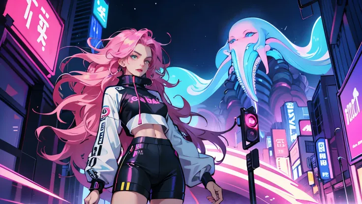 an anthropomorphic octopus staring at the viewer, futuristic retro vaporwave, neon woman with long, messy wavy hair and octopus ...