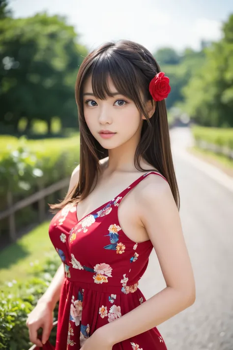 young japanese female model, 20 years old, short height, long brunette hair, bangs hairstyle, blue eyes, masterpiece, 8k resolution, highly detailed, wearing red floral summer dress,