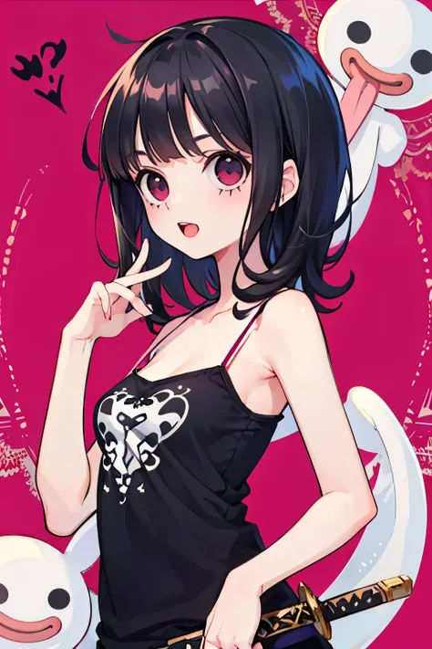 beautiful cute girl,((black hair:1.2)),(Medium wave hair:1.1),(purplered eyes:1.2),(ghost princess:1.1),(camisole:1.25),((lace:1.2)),smile,(open your mouth:1.1),(羽:1.2),(big Sword:1.2).