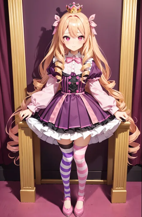 Idol-like animated character Red eyes, slightly drooping eyes, cute expression, shy High quality Dark red,Fur bolero,Jacket Fluffy fur bolero Enji-colored dress skirt Voluminous blonde hair twin dr Strong curly hair Curly hair Large pink ribbon in hair Pur...