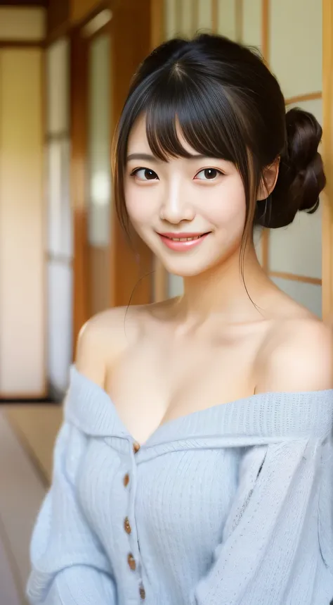 masterpiece,best quality,(Japanese girl),((Beautiful girl)),cleavage,(off shoulder:1.2),(perfect body beauty:1.2),(shy smile)