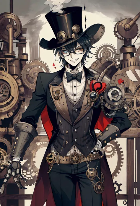 "Steam Punk Joker with a mischievous smile, Wear a top hat decorated with gear and glasses., Holding a deck of cards with mechanical hands, Surrounded by smoke and industrial background, With steam-powered engines and moving gears, Creates a feeling of mys...