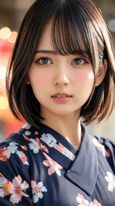 Highest quality, Finer details, (Beautiful single women))), Highly detailed eyes and face, firework, yukata, looking up at firework, short hair, Large tear bags, double eyelid