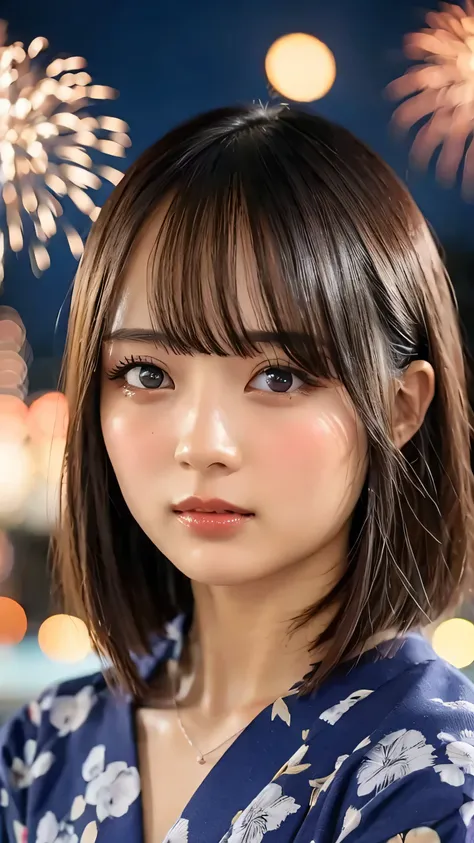 Highest quality, Finer details, (Beautiful single women))), Highly detailed eyes and face, firework, yukata, looking up at firework, Blonde Short Hair, Large tear bags, double eyelid,Big breasts E cup
