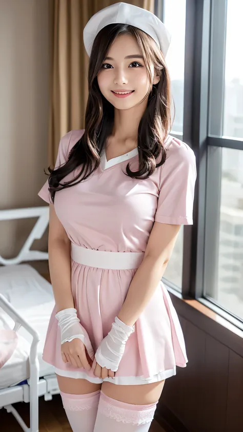 ((((, , Perfect Anatomy, Very detailed肌)))), 1 girl, Japanese, 19 years old, nurse, White skin, Glowing Skin, Large Breasts:0.5, Take in the view, (smile:1.5), Beautiful attention to detail, (Mid-length hair:1.1, Half Up:1.5), Blonde, blue eyes, Pink Lips,...