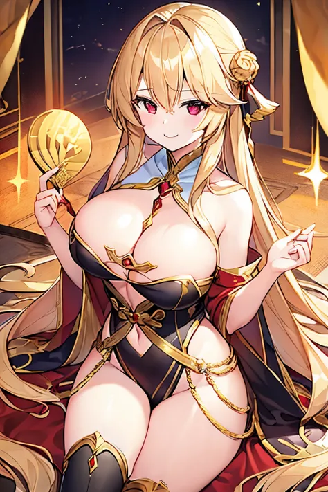 1 girl、Golden long hair、Fantasy、goddess、Gold decoration、Aggressive design、Chest a little big、Expose、Shameless、Provocative、Fan、Lust、smile、Red Eyes