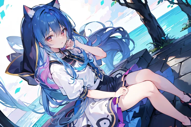 (masterpiece:1.2),Extremely detailed,Practical,expressive eyes,Fair skin,Perfect face shaping,1 Girl,
Japanese cartoons,Gorgeous blue hair, the long flowing blue hair,Floating clothes,Cat ears,Petals fall,beautiful lola,Young Angel,
Place your hands on you...