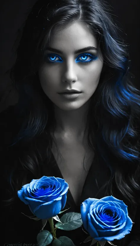 Photo noir et blanc et bleu profond, une femme aux yeux bleus sublimes, (longs cheveux aux reflets bleus électriques très détaillés), une peau impeccable, tir à moitié du corps, tenant une rose darkblue, intensité du regard captivant, style de photographie...