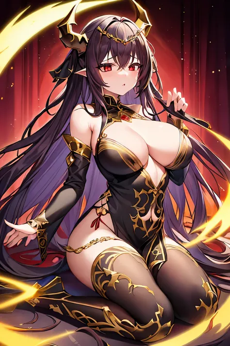 1 girl、Golden long hair、Fantasy、goddess、Black clothing、Gold decoration、Aggressive design、Bigger breasts、Expose、Shameless、Provocative、Fan、Lust、((Expression of agony))、Red Eyeake a Deal with the Devil)、Devil horns