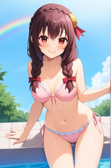 alone, One girl, Yunyun、blush 、View your viewers, Crown braids of the same color as your hair, Red Eyes、hair ornaments, Hair Ribbon, (White and pink bikini)、Poolside、So wet、(smile:1.5)、(I see a rainbow)