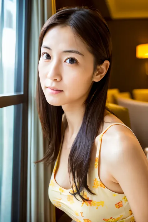 (High reality photograph, high resolusion, detailed face, detailed eyes) Skinny Japanese lady, 30 years old, cute face, various face expression, various hair style, skinny figure, very small breasts, very thin waist, in a hotel lobby, sheet sundress