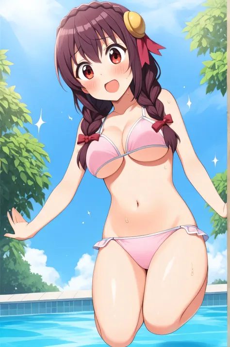 alone, One girl, Yunyun、(blush:1.4) 、View your viewers, Crown braids of the same color as your hair, Red Eyes、hair ornaments, Hair Ribbon, (White and pink bikini)、(Jumping on the pool:1.4)、So wet、(Surprised expression:1.5)、water(Splashes)、View from below