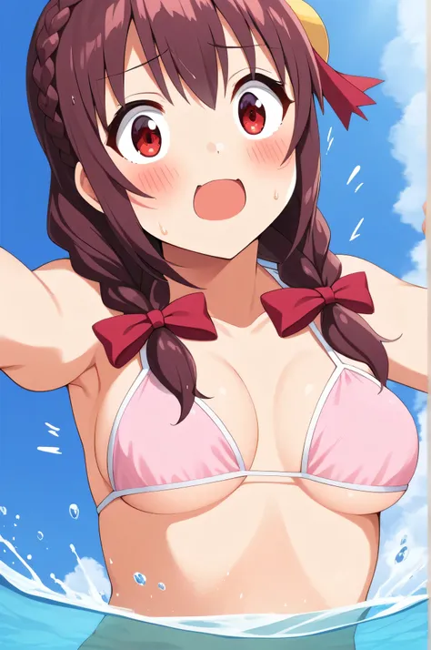 alone, One girl, Yunyun、(blush:1.4) 、View your viewers, Crown braids of the same color as your hair, Red Eyes、hair ornaments, Hair Ribbon, (White and pink bikini)、(Jumping on the pool:1.4)、So wet、(Surprised expression:1.5)、water(Splashes)、View from below