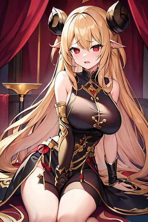 1 girl、Golden long hair、Fantasy、goddess、Black clothing、Gold decoration、Aggressive design、Bigger breasts、Expose、Shameless、Provocative、Fan、Lust、((Expression of agony))、(sexual excitement)、Trance、Red Eyeake a Deal with the Devil)、Devil horns