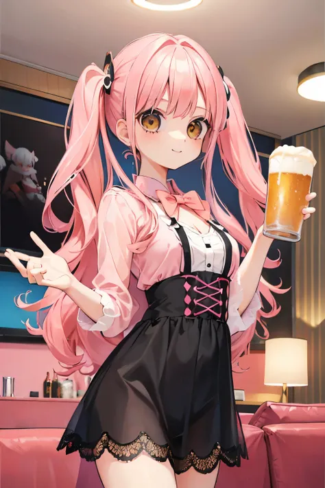 cute,girl,(coral pink hair:1.2),(wave hair:1.1),(yellow eyes:1.1),🍻,Cheers with beer🍺,(living room:1.3),open your mouth,smile,(underwear、negligee、lace:1.1).