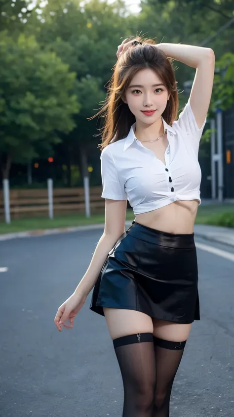 Best quality, Ultra-high resolution, Face Focus(Realistically:2),Cute hairpin,Baoyu girl,1 Girl, Beautiful slim woman:1.4, Abdominal muscles:1.2, (Brown hair,Medium breasts:1.4), shirt:1.1, outdoor,Ultra-thin face,Exquisite eyes,Double eyelids,Smile,whole ...