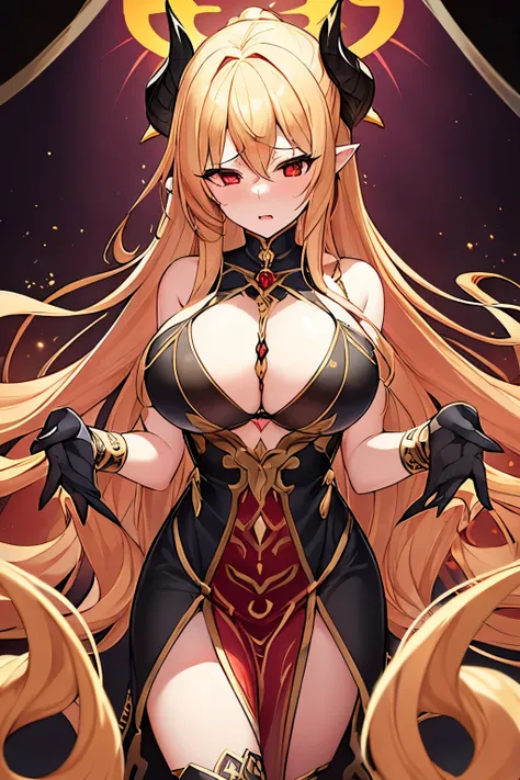 1 female、Golden long hair、Fantasy、goddess、Black clothing、Gold decoration、Aggressive design、Bigger breasts、Expose、Shameless、Provocative、Fan、Lust、((Expression of agony))、(sexual excitement)、Trance、Red Eyes、Devil hornake a Deal with the Devil)、Dildo、Insert