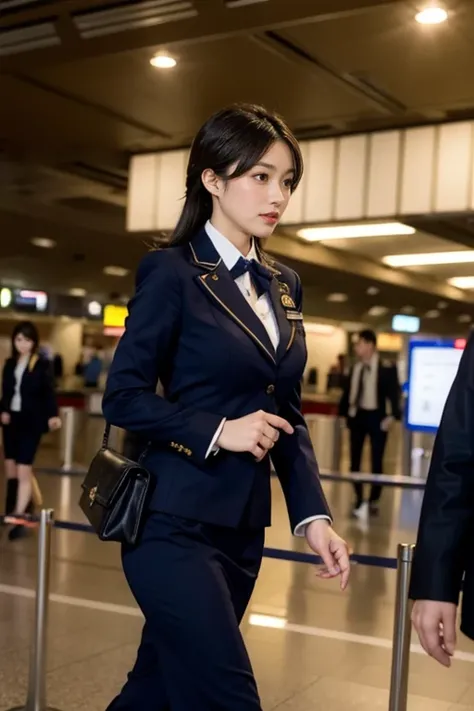 (8k, best quality, masterpiece), (((stewardess, flight attendant uniform))), (Japanese beautiful woman, glamorous body ), (airport:1.5)