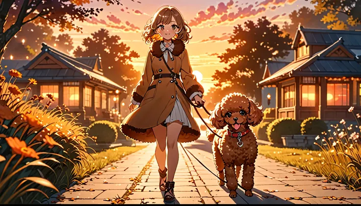 a girl with bright expression walking in sunset,(a toy poodle on a leash at her feet:1.2), beautiful detailed eyes, beautiful detailed lips, extremely detailed eyes and face, long eyelashes, happy expression, outdoor, sunset, warm colors, glowing light, de...