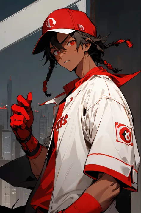 1male, tan skin, black hair, short hair with dreads, black backwards cap, white and red baseball open jersey, red eyes, expressionless, red shades, red gloves, cityscape background