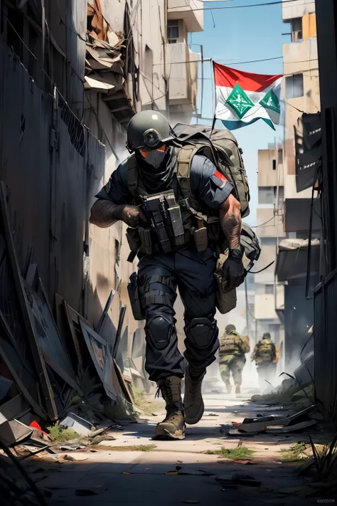 ((best quality)), ((masterpiece)), (detailed), 3man, (special forces black uniform soldiers) hamas(sorban and badges), (full body low angle) wearing printing skull mask, full armour, steel helmet, he is is firing the target with a riffles , carrying the pa...