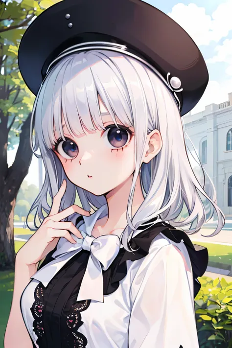 beautiful cute girl,((silver hair:1.2)),(Medium wave hair:1.1),(love with it eyes:1.2),(heart eyes:1.2),(princess:1.1),(White cap:1.25),((lace blouse:1.2)),kiss Face,(outdoor:1.25),(上からのアングル:1.1)