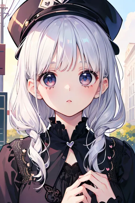 (beautiful cute mens),((silver hair:1.2)),(Medium wave hair:1.1),(love with it eyes:1.2),(heart eyes:1.2),(princess:1.1),(White cap:1.25),((lace blouse:1.2)),kiss Face,(outdoor:1.25),(上からのアングル:1.1)