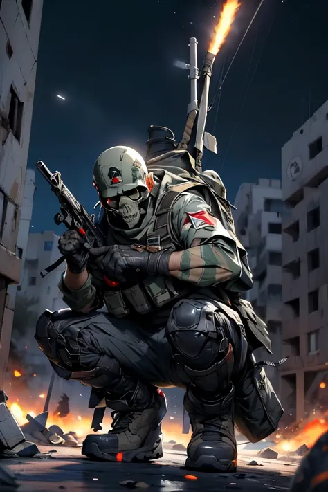 ((best quality)), ((masterpiece)), (detailed), 3man, (special forces black uniform soldiers) hamas(sorban and badges), (full body low angle) wearing printing skull mask, full armour, steel helmet, he is is firing the target with a riffles , carrying the pa...