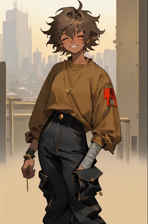 1female, tan skin, black short hair, messy hair, red baggy longsleeve shirt, black denim baggy pants, gold chain around pants, smilling, bandage on nose, cityscape background, closed eyes