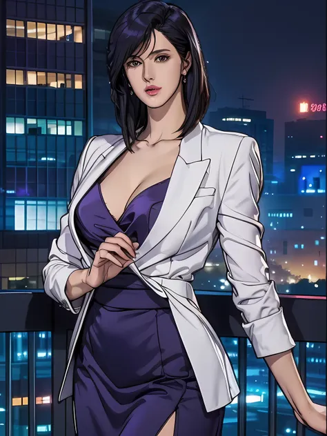 saeko city hunter, (masterpiece:1.3), ((beautiful face, a soft-looking face:1.15)), purple collared shirt slightly open, wearing...