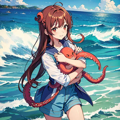 Holding an octopus in his arms。The background is the sea。