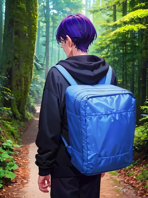 1 old man, 70 years old,Carrying a big bag,Walk in the forest,purple hair,short hair, green eyes, purple mustache,black hoodie, black trousers,,ultra detail, ultra HD, standing,Thin body,half body photo,Facing backwards, camera angle from behind, photo fro...