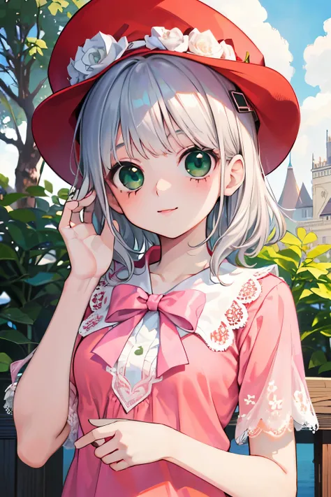 (beautiful young boy:1.3),((silver hair:1.2)),(Medium wave hair:1.1),(green eyes:1.2),(princess:1.1),(coral pink cap:1.25),((lace blouse:1.2)),kiss Face,smile,(outdoor:1.25),(上からのアングル:1.1)