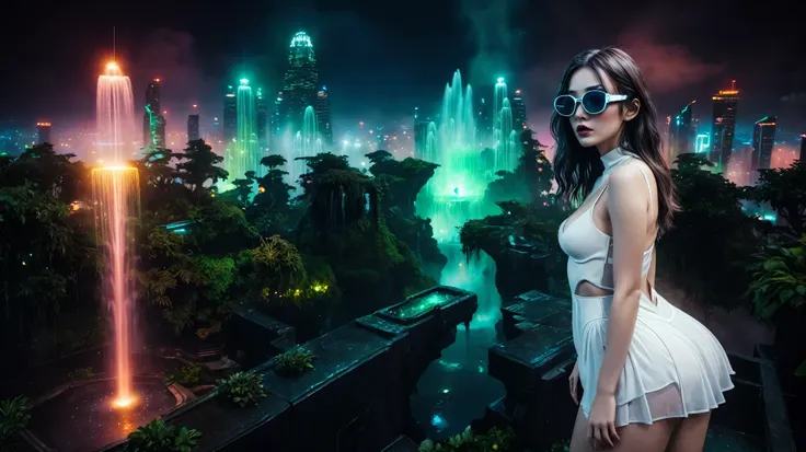 At night, aerial view of a mysterial sky garden, horror dark statue, a holographic cyberpunk city in the background with flying vehicle, fountain, waterfall, atmospheric fog, Matrix style, (1girl, solo), large-breast:1.3 D-cup slim:0.9 body, cleavage:1.3, ...