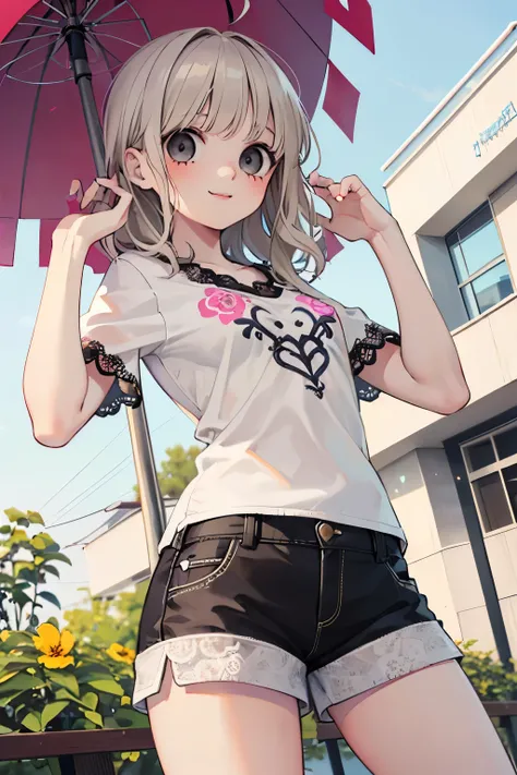 (beautiful young boy:1.3),(Small breasts 1.0),((Lightbeige hair:1.2)),(Medium wave hair:1.1),(gray eyes:1.2),(PRİNCESS:1.1),((lace blouse:1.2)),(Botanical print shorts:1.25),kiss Face,smile,(outdoor:1.25)