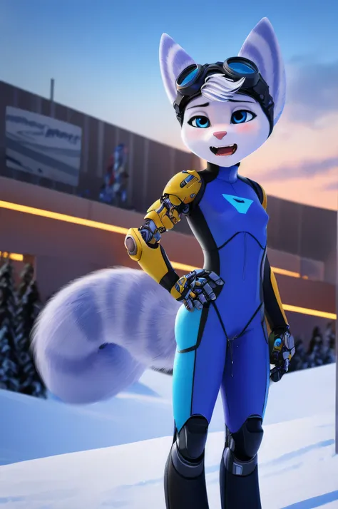 rivet, tail, furry, 1girl, young, solo, (yellow cybernetic protease on the right shoulder), (thick, black and blue ski suit), st...