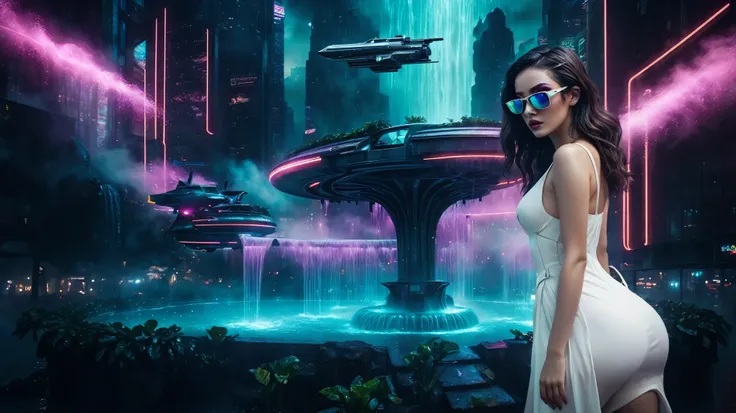 At night, aerial view of a mysterial sky garden, horror dark statue, a holographic cyberpunk city in the background with flying vehicle, fountain, waterfall, atmospheric fog, Matrix style, (1girl, solo), large-breast:1.3 D-cup slim:0.9 body, cleavage:1.3, ...