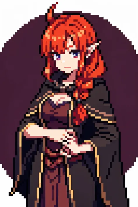 Tiefling, Medium Breasts, Cloak, Wizard, Long Braided Hair, ginger hair, 2 hands,