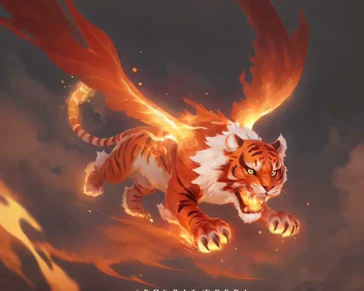 a glowing A glowing red and orange ghost tiger with white highlights on the tips of its PAWS and tail, two large flame-like wings floating in the air, dota2 style, high quality