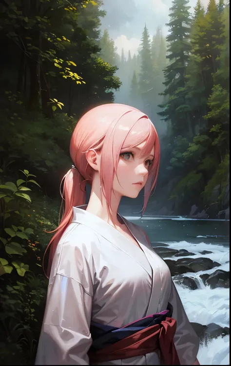 (masterpiece), anime, (photograph_(Moderate):1.0), Antonio J.. Manzanado, Jeremy Lipking, One girl, lightning, In a surreal landscape, Watercolor style, Strokes, Button unbuttoned, Orange eyes, ponytail, Pink Hair, cyber punk, kimono