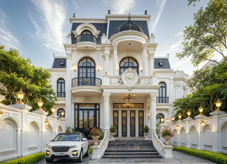 ((masterpiece)), (((best quality))), ((extremely detailed)), neo classical villa on street, white tone and dark roof, (gold deta...