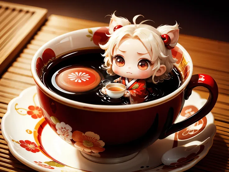 Cute chibi anime sitting in the tea cup, wear red kimono, drink tea