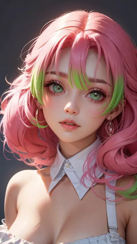 cute girl pink hair beautiful face, big  bust