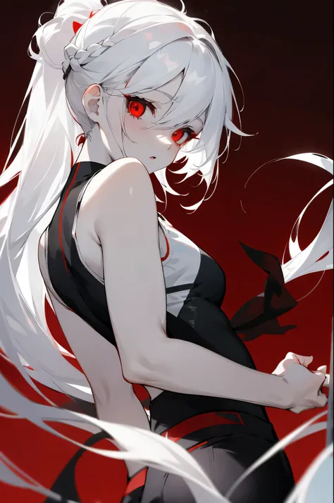 1female, pale white skin, black cracks, white hair, long hair, updo letting down hair, black sclera, red eyes, black sports sleeveless top, black and white pants, looking back, red misty background